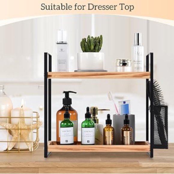 2-Tier Acacia Wood Countertop Organizer for Makeup/ Vanity/ Bathroom/ Kitchen - Picture 3 of 11